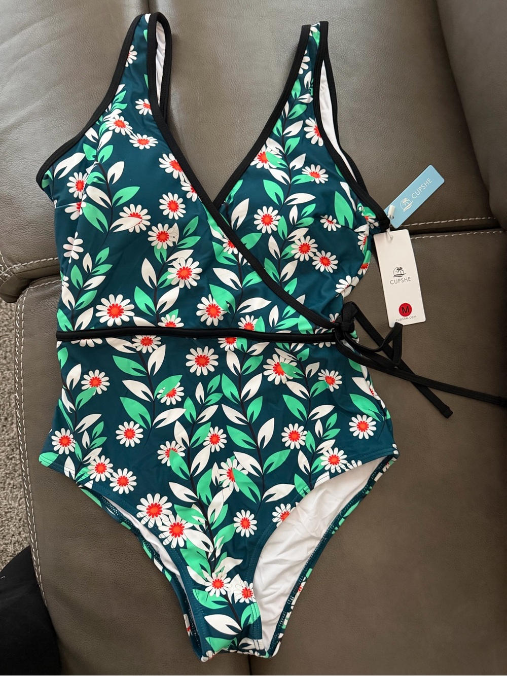 Cupshe Teal Floral Tie-Front One-Piece Swimsuit